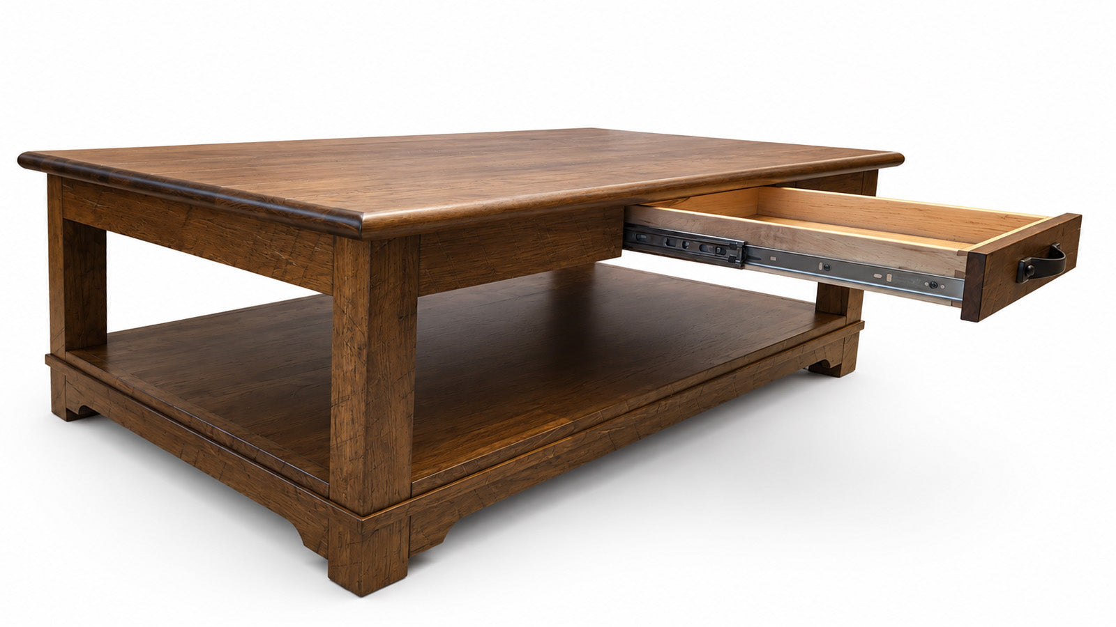 A dark brown wooden coffee table with a lower shelf and an open drawer pulled out to the right, shown on a white background.