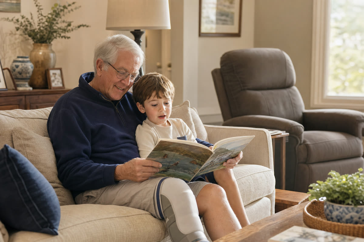 Grandparent walking and reading to grandchild