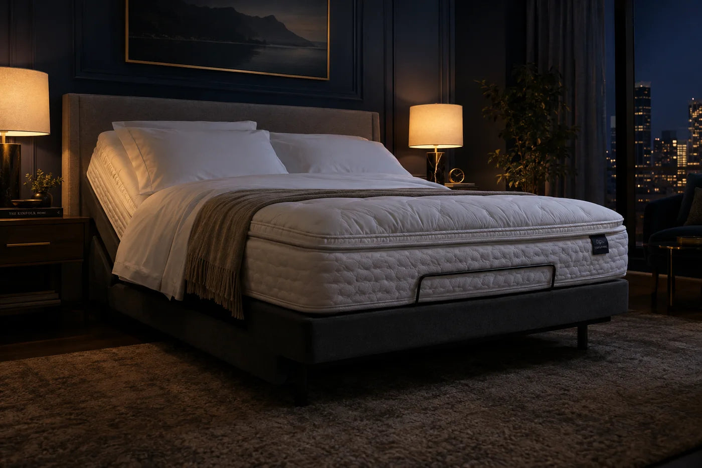 A mattress in a warmly lit bedroom